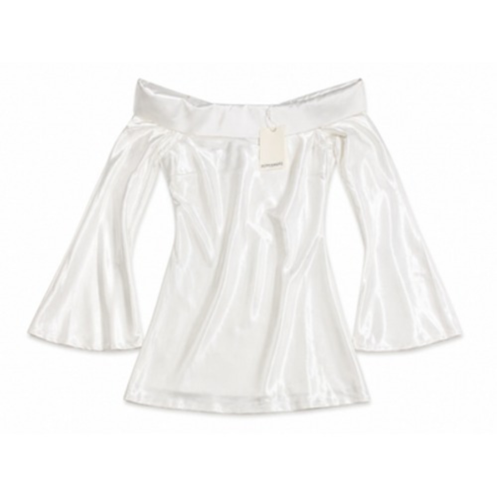 Peppermayo Lumina Dress Womens 6 White Satin Off Shoulder Bell Sleeve Mini